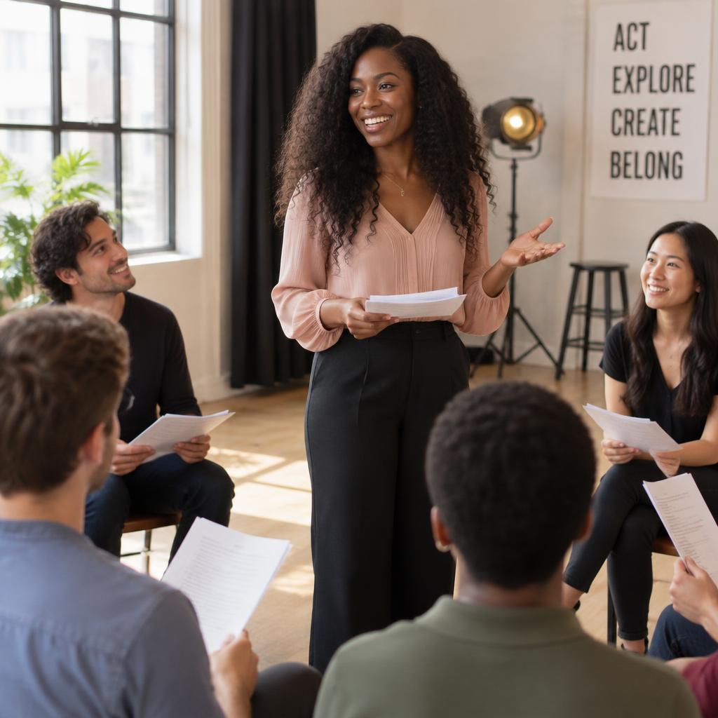 Acting coach leading an in-person script reading with students